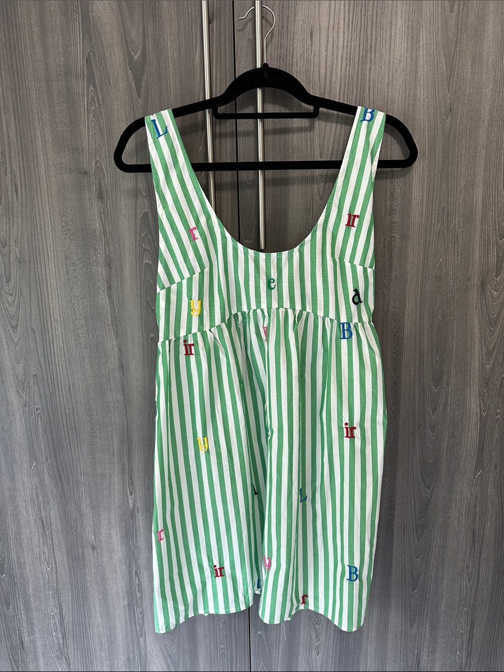 Anthropologie Green & White Striped Mini Dress with Multicolor Letter Embroidery